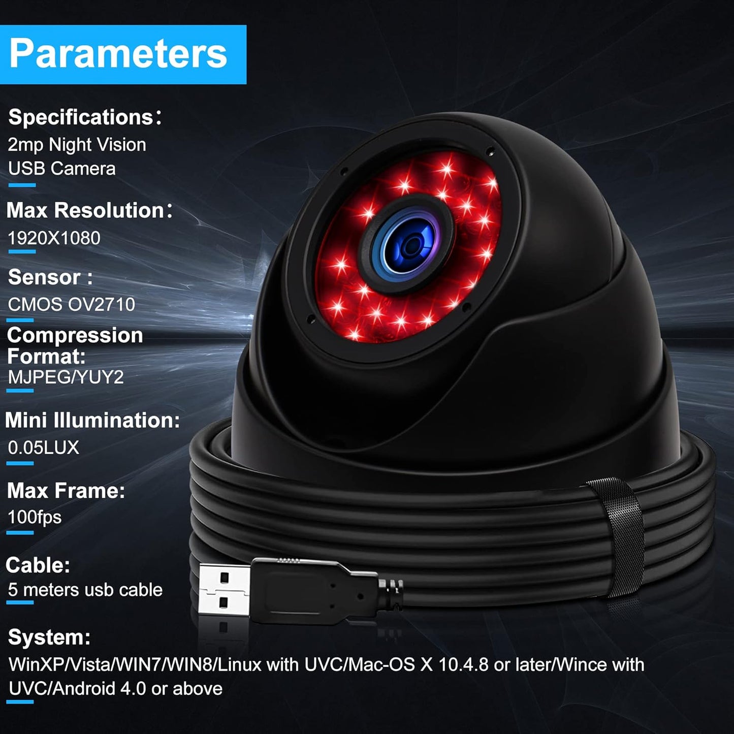 1080P Day Night Vision USB Camera IR Infrared Webcam with Dome Housing Home Surveillance CCTV PC Camera for Computer Mini UVC USB2.0 Waterproof USB with Camera Indoor Outdoor High Speed Camera