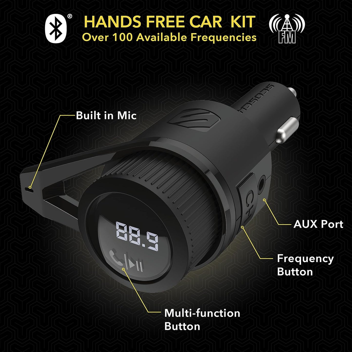 BTFM5 Bluetooth Hands-Free Car Kit with Digital FM Transmitter and Dual 12W USB Charging Ports for Vehicles