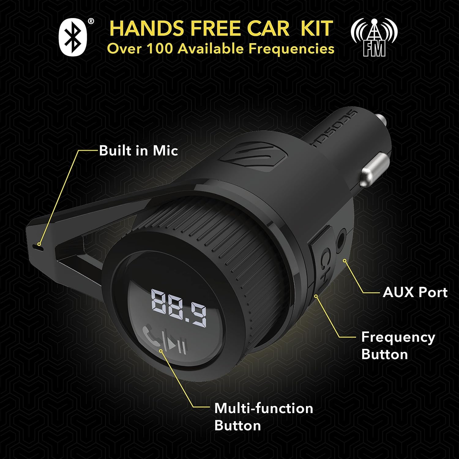 BTFM5 Bluetooth Hands-Free Car Kit with Digital FM Transmitter and Dual 12W USB Charging Ports for Vehicles