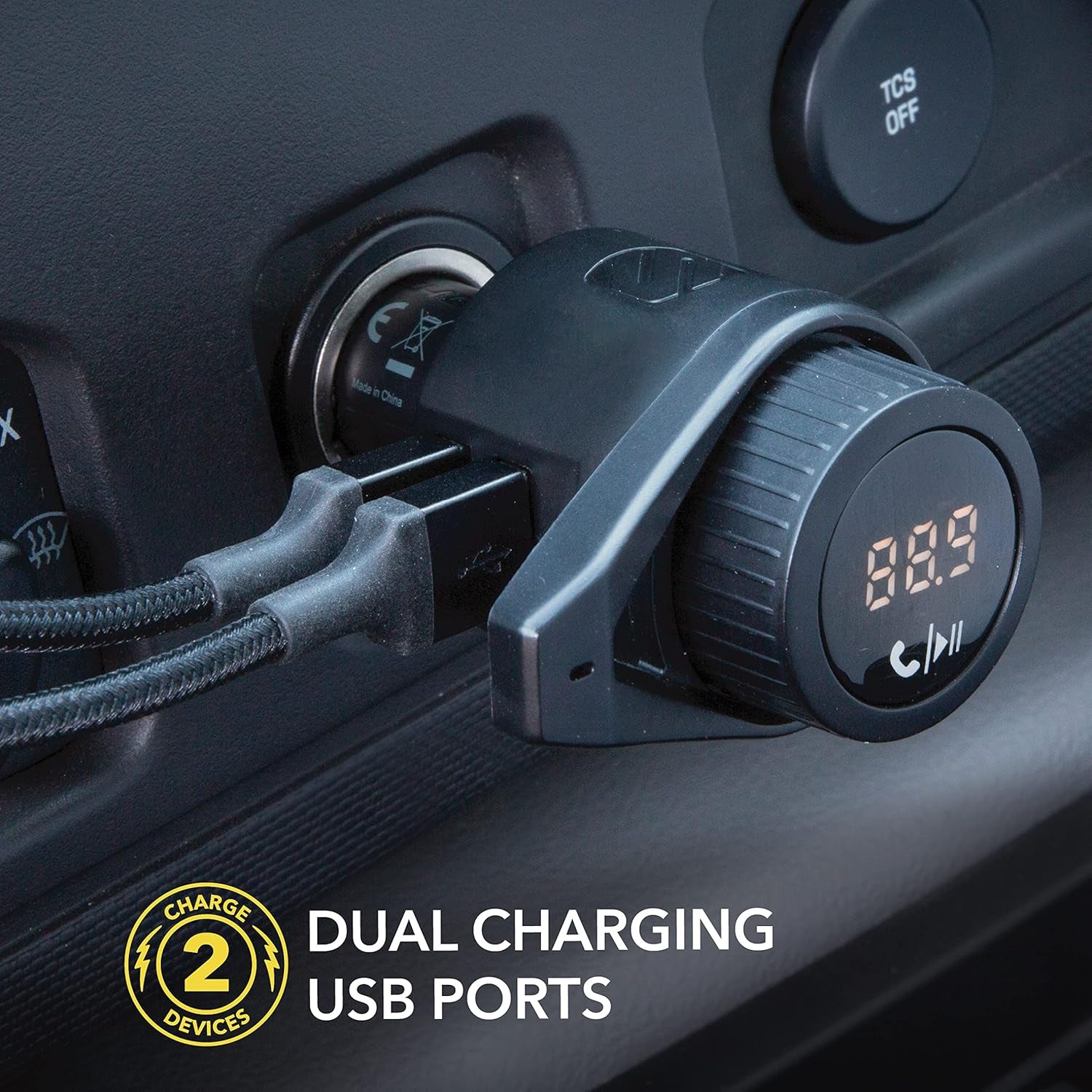 BTFM5 Bluetooth Hands-Free Car Kit with Digital FM Transmitter and Dual 12W USB Charging Ports for Vehicles