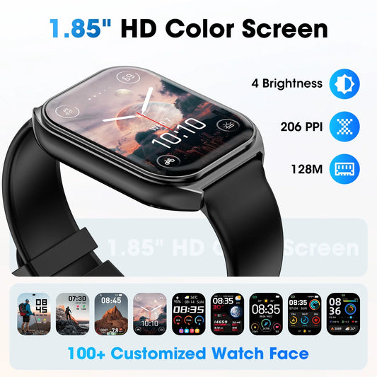 1.85 Inch Women'S Men'S Smartwatch Fits for Android & Iphone Devices with Fitness Tracker, 100+ Sport Modes, IP68 Waterproof Fitness Watch (Black)